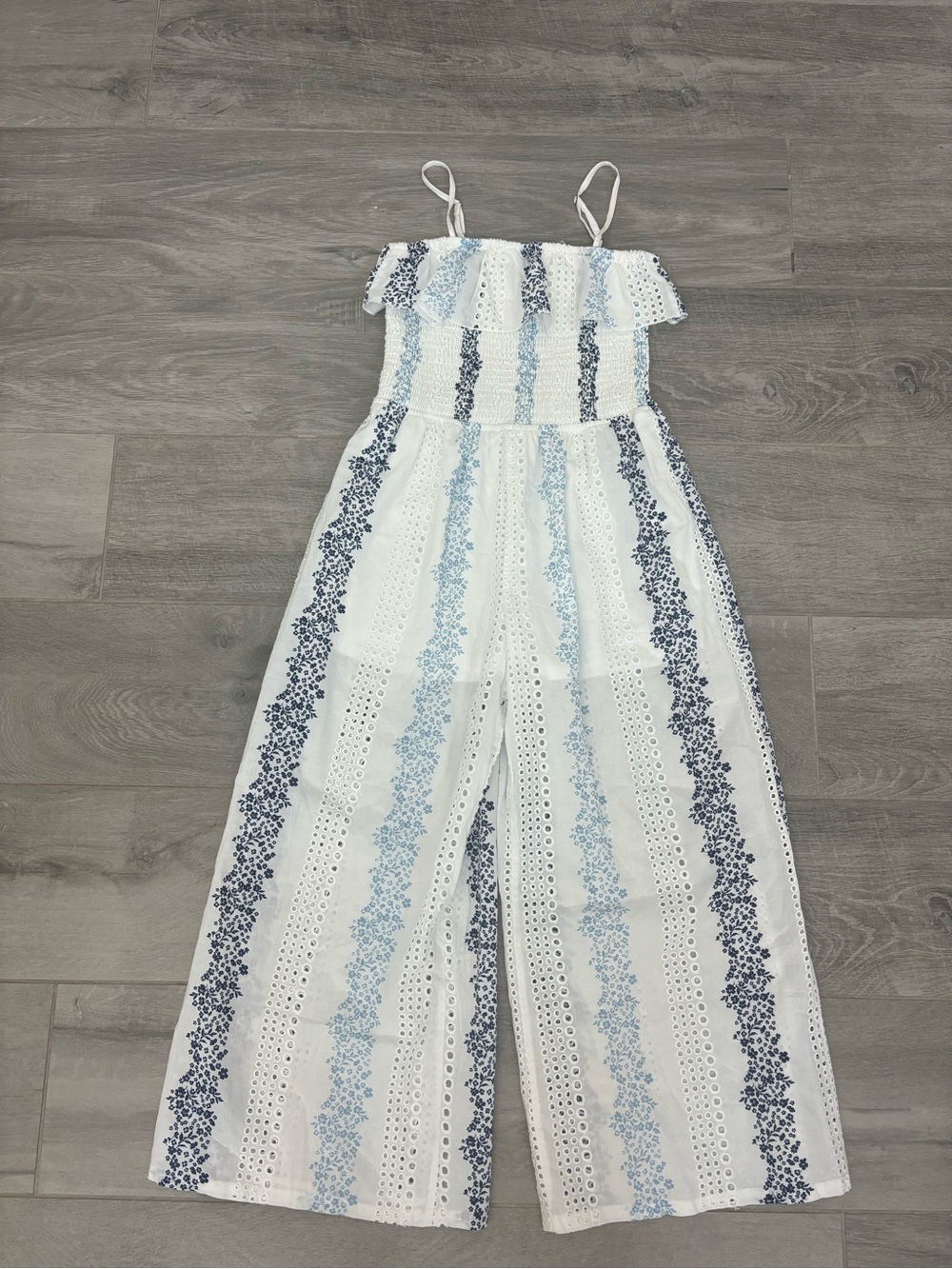 Hannah Banana White Jumpsuit with Blue Striped Eyelet Detail